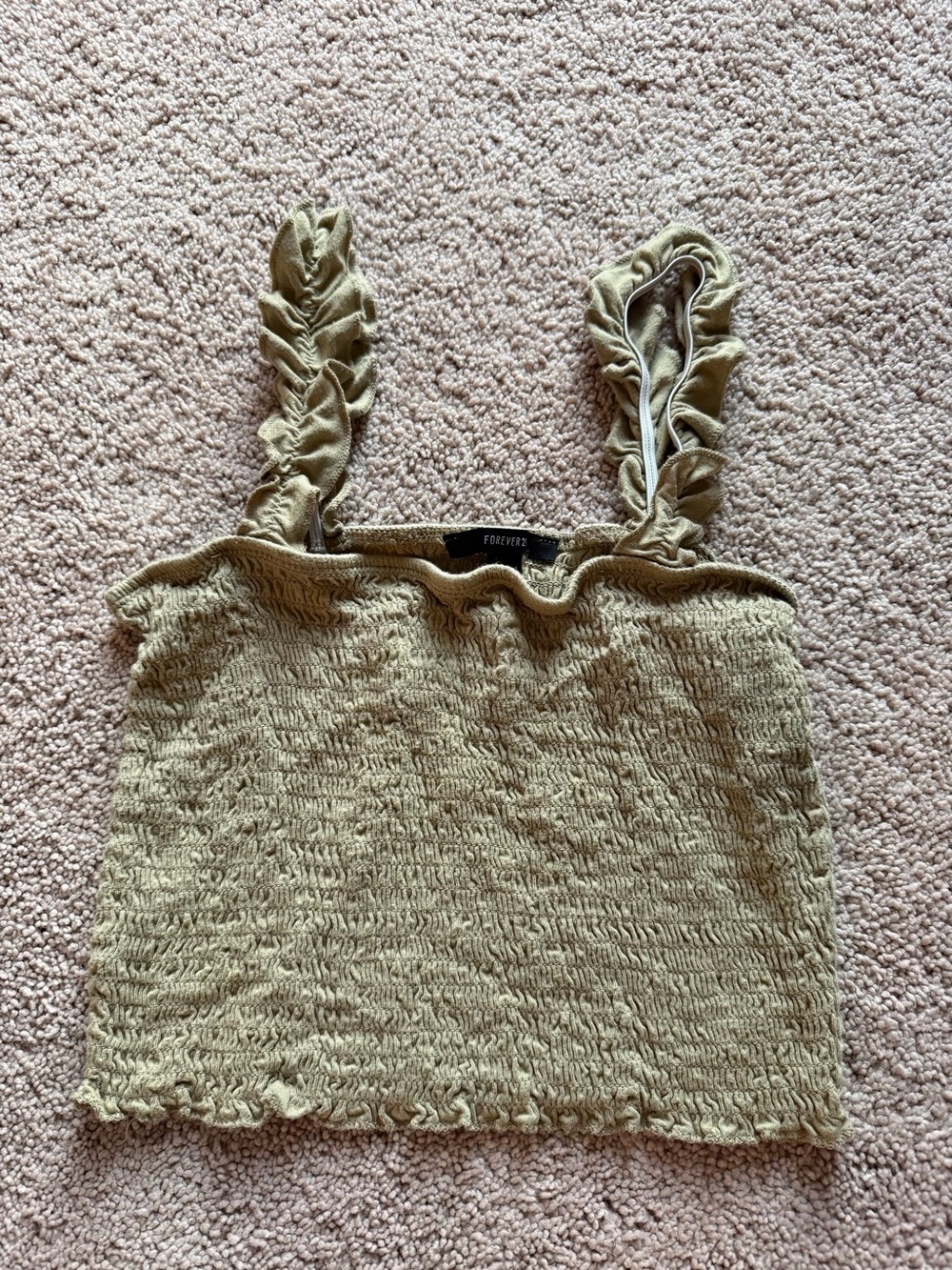 Forever 21 Olive Smocked Ruffle Strap Crop Cami